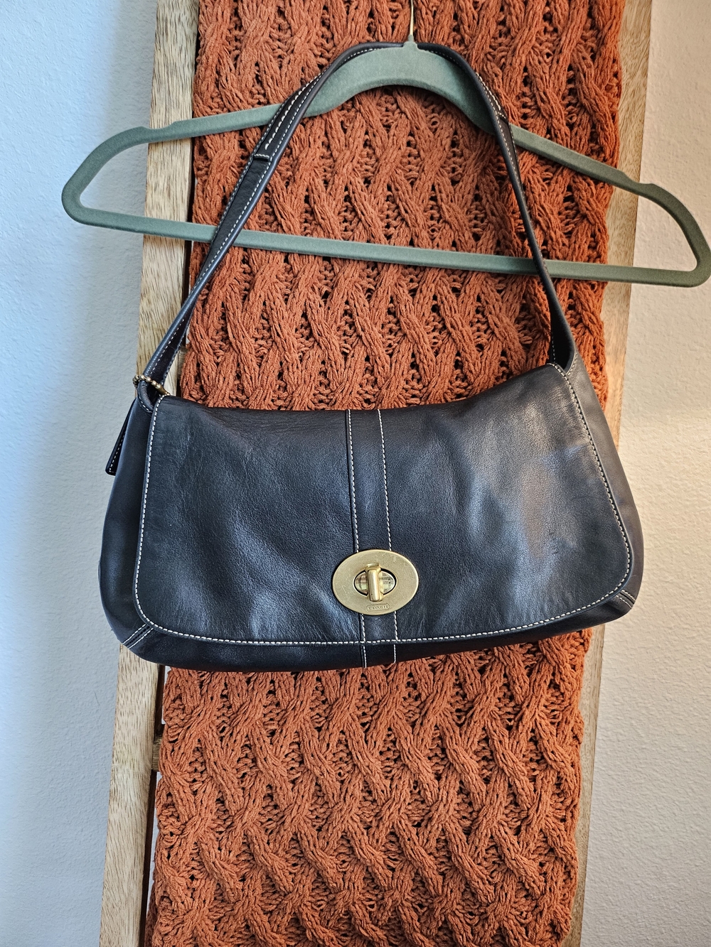 Vintage Black Leather Shoulder Bag with Gold Turn-Lock